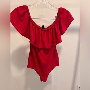J. Crew Red Off-Shoulder Ruffle Bodysuit
